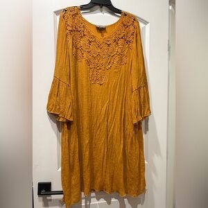 Embroidered Crochet Neckline Mustard Gold Dress